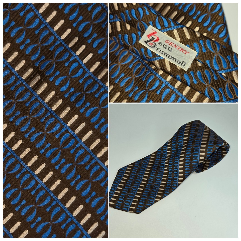 Vintage 70s Beau Brummell Gentry Wide Tie Blue Brown Geometric Retro 4.5"